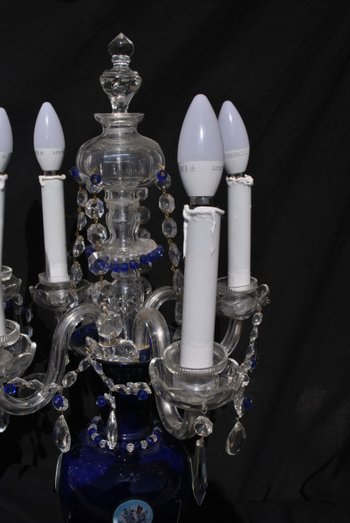 Pair Of Blue Blown Glass And Bohemian Crystal Lamp XIX or XX