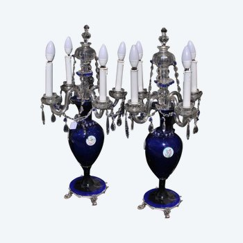 Pair Of Blue Blown Glass And Bohemian Crystal Lamp XIX or XX