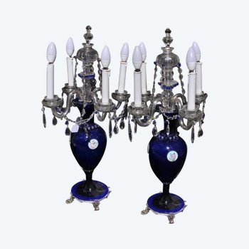 Paire Lampe Verre Souffle Bleu Et Cristal bohème  XIX ou XX