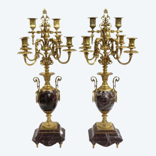 Paar Kandelaber Aus Vergoldeter Bronze Und Rotem Marmor Ende 19.