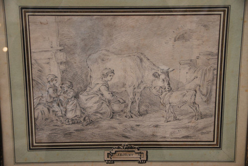 Dessin XVIIIe Suiveur De Jean Baptiste Huet, fermière et ses enfants