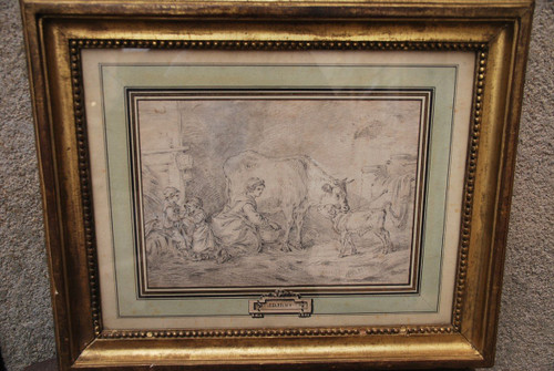 Dessin XVIIIe Suiveur De Jean Baptiste Huet, fermière et ses enfants