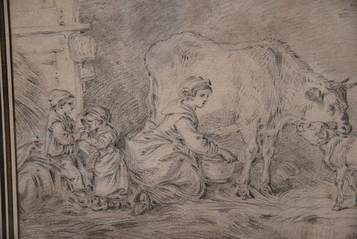 Dessin XVIIIe Suiveur De Jean Baptiste Huet, fermière et ses enfants