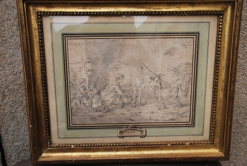 Dessin XVIIIe Suiveur De Jean Baptiste Huet, fermière et ses enfants