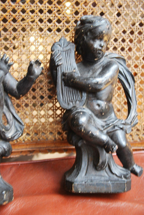 Pair Of 18th Century Wooden Putti Musicians