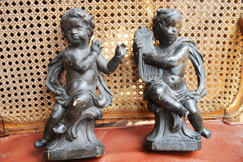 Pair Of 18th Century Wooden Putti Musicians