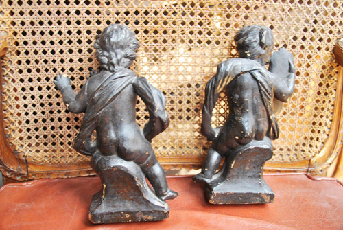 Pair Of 18th Century Wooden Putti Musicians