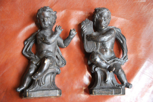 Pair Of 18th Century Wooden Putti Musicians
