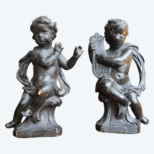 Pair Of 18th Century Wooden Putti Musicians