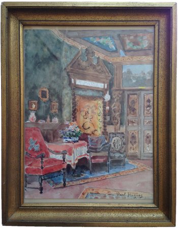 Paul HUGUES (1891-1950) - Acquerello - Interni in stile Luigi XIII