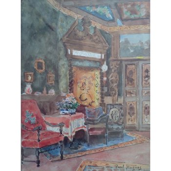 Paul HUGUES (1891-1950) - Aquarelle - Intérieur de style Louis XIII