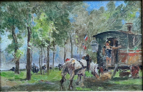 Scuola Post-Impressionista Francese Circa 1910 - Luna park o circo, Davanti alla Roulotte