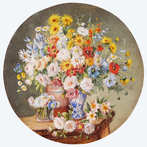 École française circa 1900, Nature morte aux vases et verre de fleurs sur un entablement