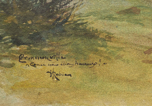 H. ROBIEN, Femme lisant  dans le parc de Jean-Jacques Rousseau à Ermenonville