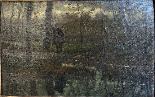 Scuola francese del XIX secolo - Barbizon - Guardia campestre e riflesso nell'acqua