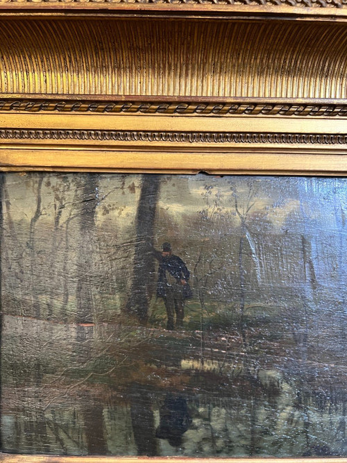 Scuola francese del XIX secolo - Barbizon - Guardia campestre e riflesso nell'acqua