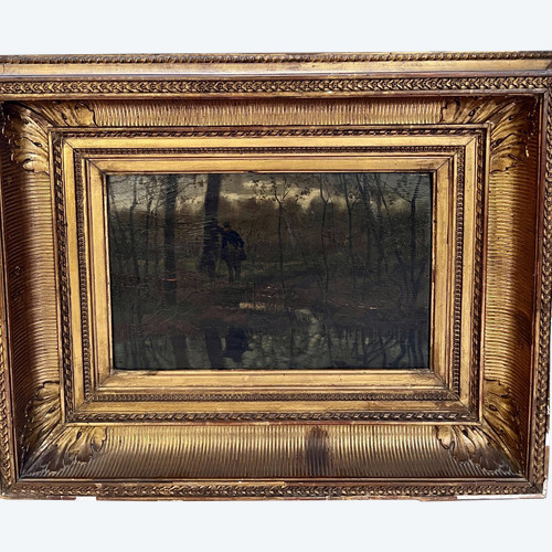 Scuola francese del XIX secolo - Barbizon - Guardia campestre e riflesso nell'acqua