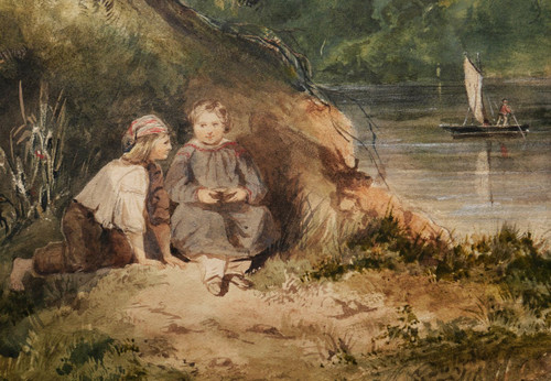 Romantica scuola FRANCESE, circa 1830 - 1840, Due bambini da un fiume