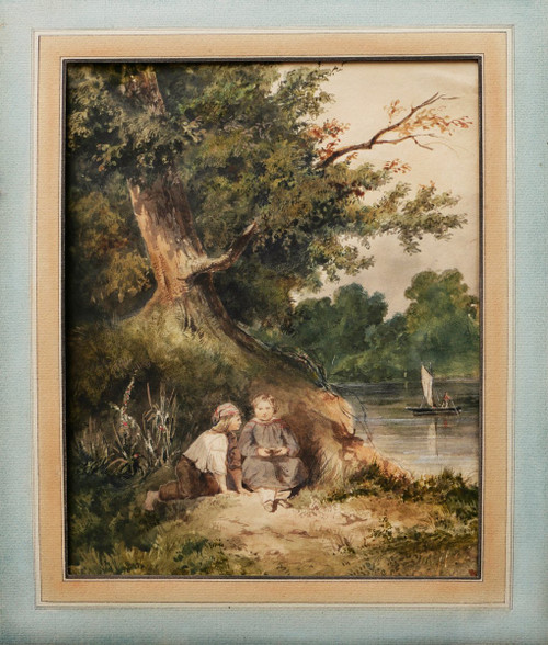 Romantica scuola FRANCESE, circa 1830 - 1840, Due bambini da un fiume