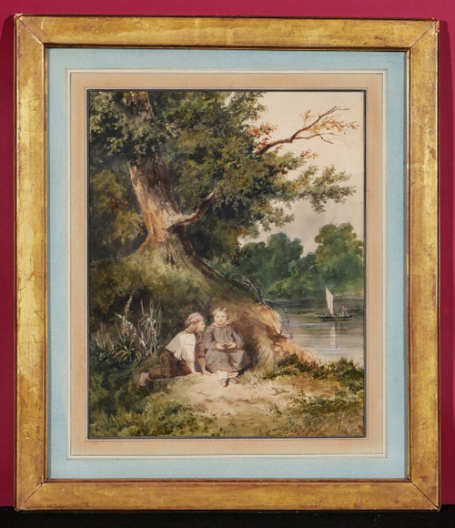 Romantica scuola FRANCESE, circa 1830 - 1840, Due bambini da un fiume
