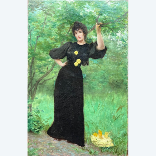 Scuola francese intorno al 1900 - Donna nella foresta. Art Nouveau
