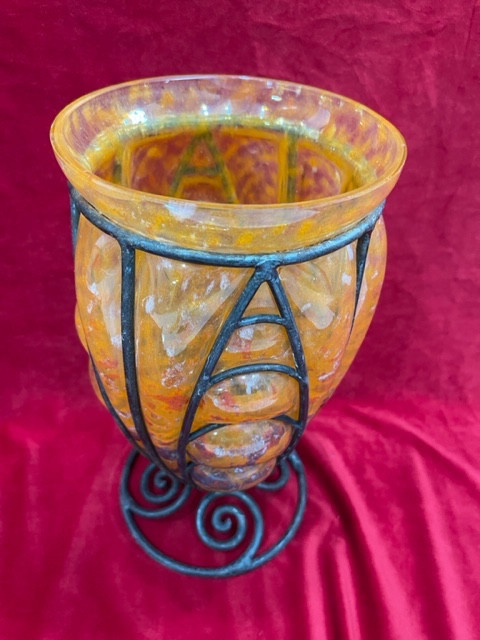 Vase pâte de verre Art déco 1930 fer forgé Lorrain
