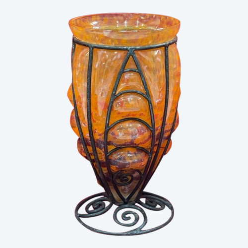 Vase pâte de verre Art déco 1930 fer forgé Lorrain