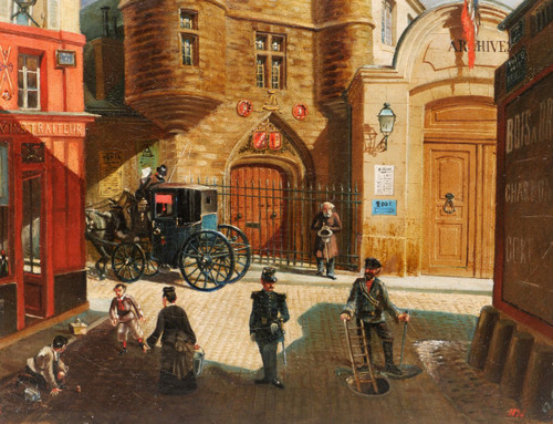 E. GIRSELS, Veduta animata di rue des Archives