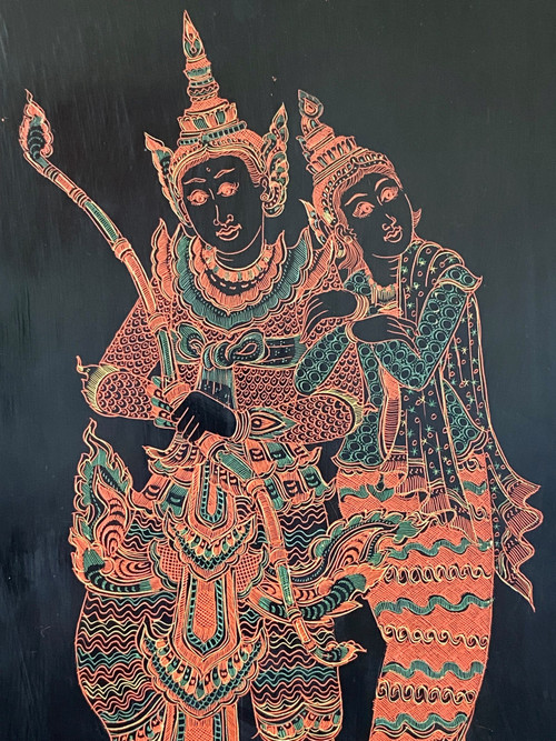 Burma, Mid-20th Century, Lacquer Panel Depicting A Dancer And A Musician.