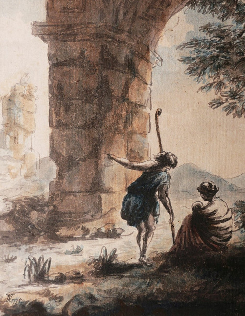 Neoclassical FRENCH school in 1775, Family of shepherds in an ancient ruin