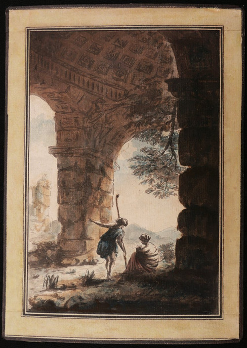 Neoclassical FRENCH school in 1775, Family of shepherds in an ancient ruin