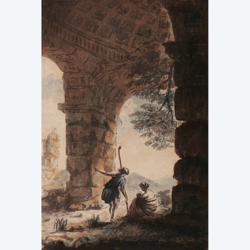 Neoclassical FRENCH school in 1775, Family of shepherds in an ancient ruin
