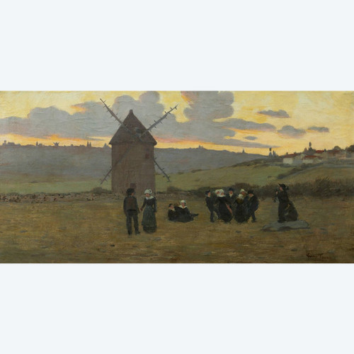 Scuola FRANCESE della seconda metà del XIX secolo, danza bretone al tramonto