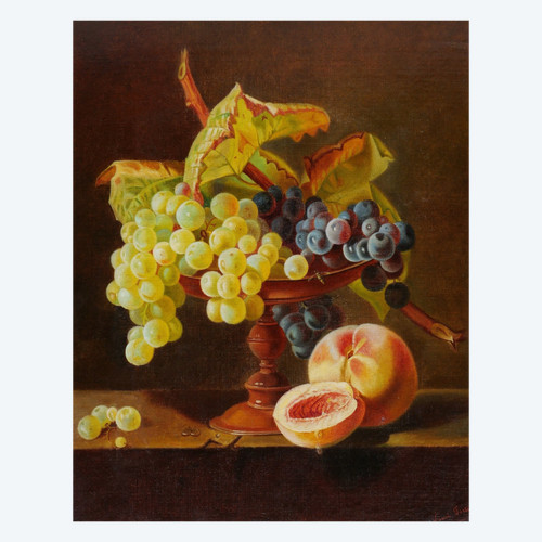 Noémi FORTOUL, Still life with a cup of grapes and peaches