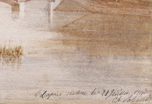 Scuola FRANCESE nel 1843, Paesaggio con borgo fortificato affacciato su un fiume