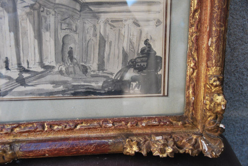 Architectural Drawing Of Palace And Fountain 18th Century Italy Follower Of Piranesi