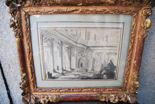 Architectural Drawing Of Palace And Fountain 18th Century Italy Follower Of Piranesi