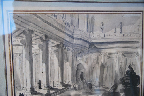 Architectural Drawing Of Palace And Fountain 18th Century Italy Follower Of Piranesi