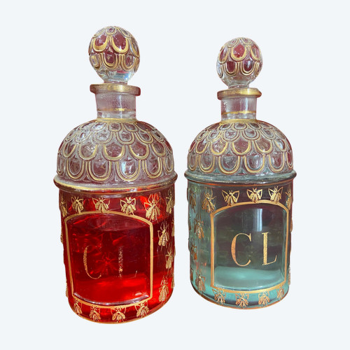 Pair of Guerlain Bottles - Hand Painted Golden Bees with Gold Leaf and Initials - CL