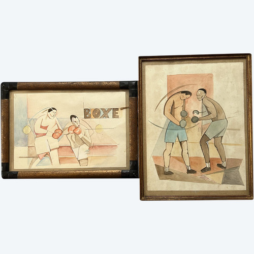 French School Of The 20th Century - Boxing Fight, 1929 - Pair Of Cubizing Watercolors