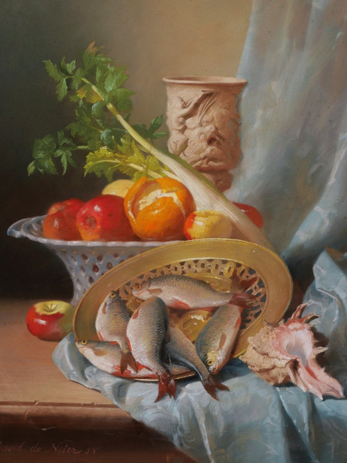 David de NOTER, Stillleben mit Obst, Gemüse, Fisch, Schnitt und Muscheln (Großformat)