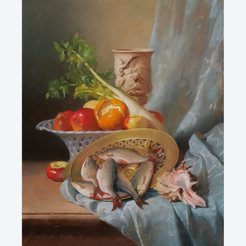 David de NOTER, Nature morte aux fruits, légumes, poissons, coupe et coquillages (large format)