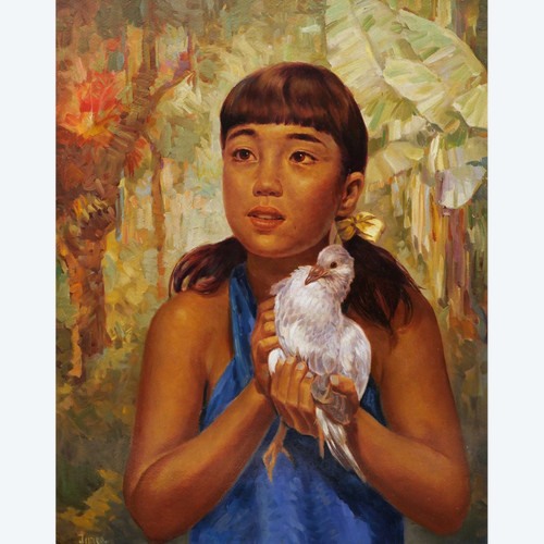 Ralph Burke TYREE, Jeune fille de Guam dans la jungle, tenant un oiseau