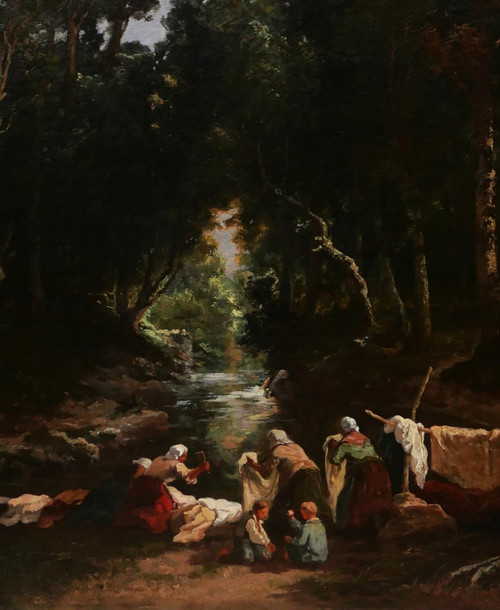 Louis BOULANGÉ, Landschaft mit Waschweibern im Wald von Fontainebleau (Großformat)