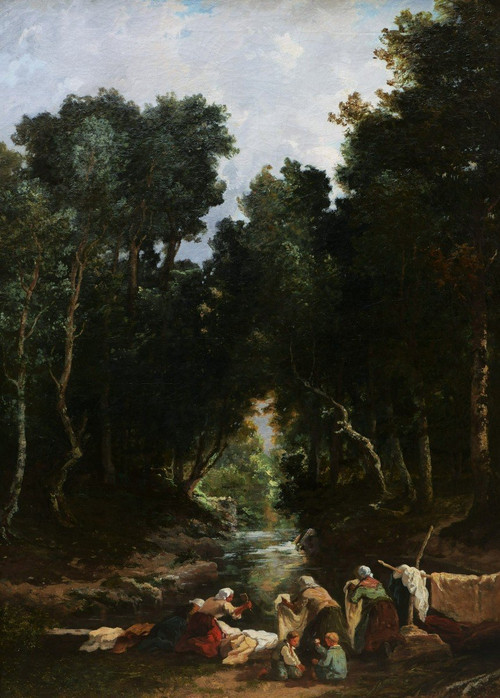 Louis BOULANGÉ, Landschaft mit Waschweibern im Wald von Fontainebleau (Großformat)