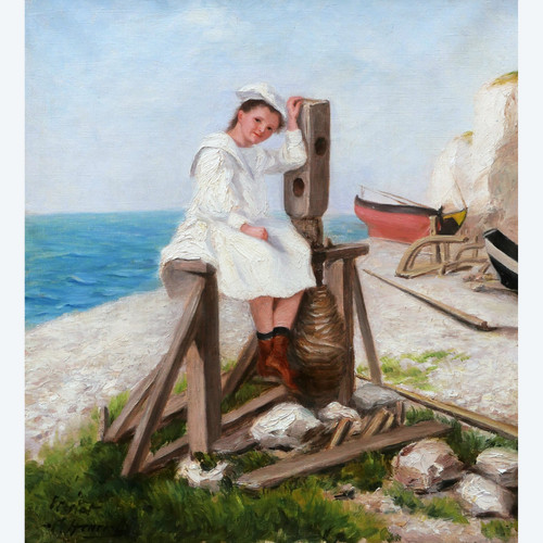 C. HENRIOL, Girl on a capstan at Étretat