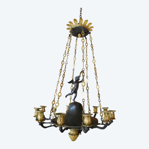 Kronleuchter aus dem 19. Jahrhundert, Restaurierungsstil, vergoldete und patinierte Bronze
