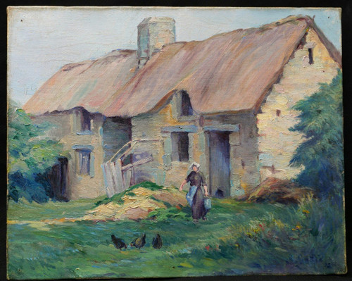 Laurent GALLIO, Bauernhof, Bäuerin und Hühner, Gemälde