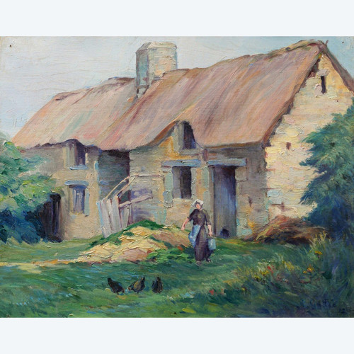 Laurent GALLIO, Bauernhof, Bäuerin und Hühner, Gemälde