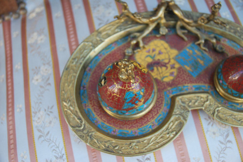 Inkwell In Bronze And Cloisonne From The XIX In The Style Of Barbenienne
